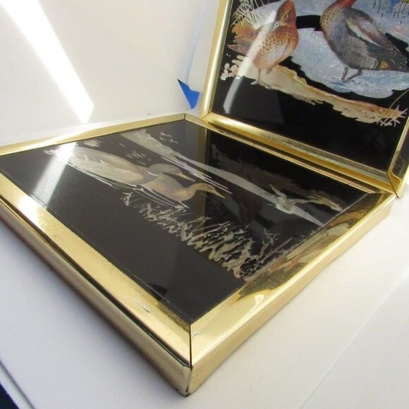 Vintage Pair Kafka Foiled Screened Etching Glass Art Ducks #1016 #1 - Picture 5 of 12